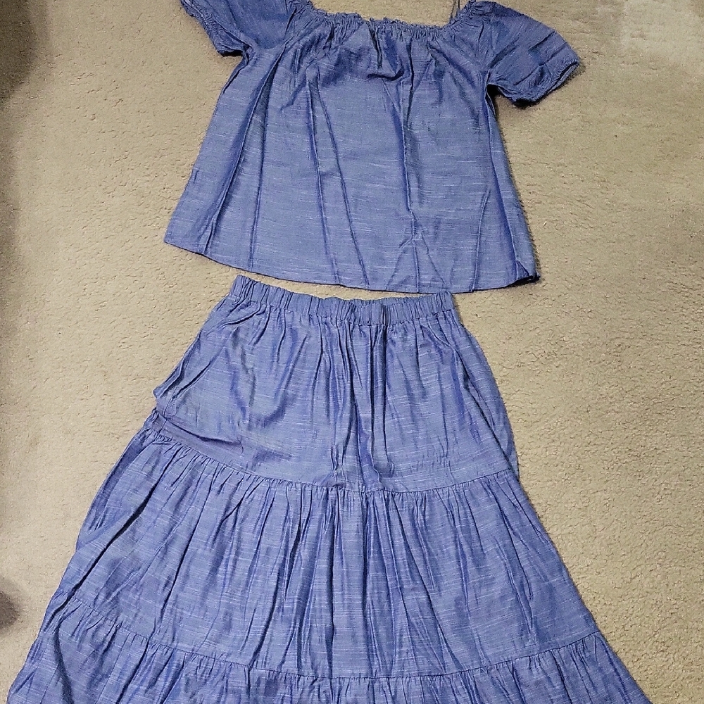 Blue Off-Shoulder Top and Skirt Set